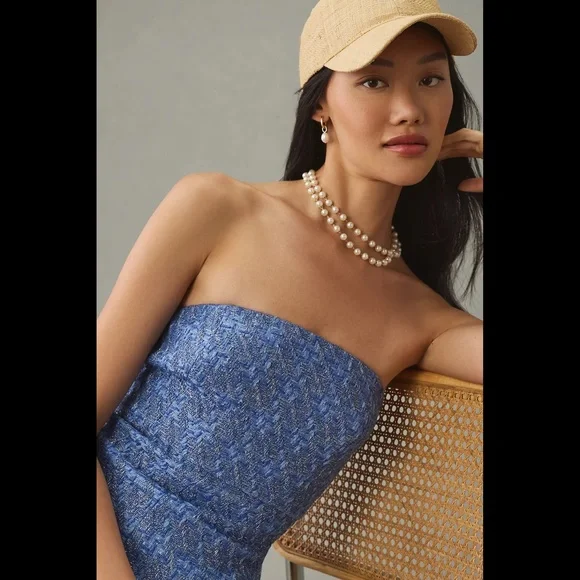 Anthropologie Textured Blue Strapless Jumpsuit - Picture 3 of 16